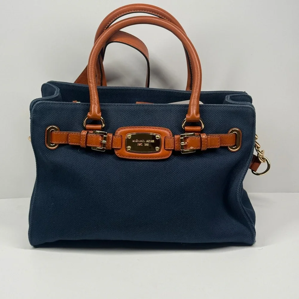 Michael Kors Hamilton Satchel Blue Canvas Medium Magnetic Snap Shoulder Bag